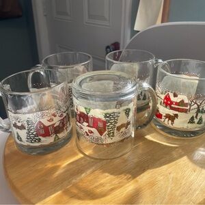 Vintage Libbey "Winter Village" Set of 5 Glass Mugs MADE IN USA